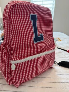 TRVL Red Gingham Kids Backpack with Navy Initial Patch